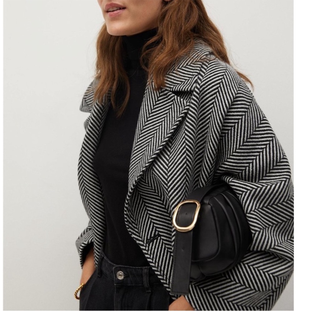 MANGO Black & White Herringbone Cross Oversized Double Breasted Wool Blend Coat - Picture 3 of 13